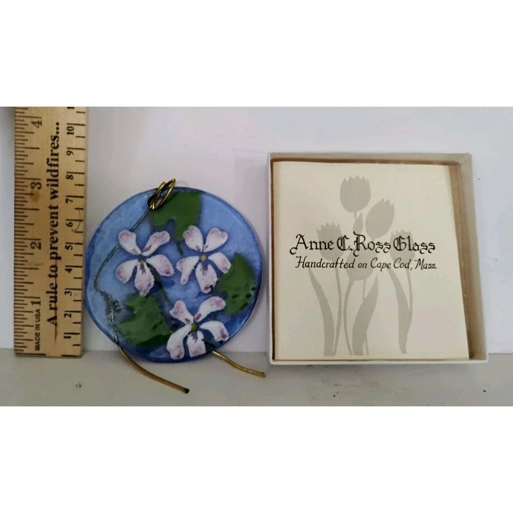 Anne C. Ross Studio Glass Hanging Ornament Purple Violets Signed Massachusetts